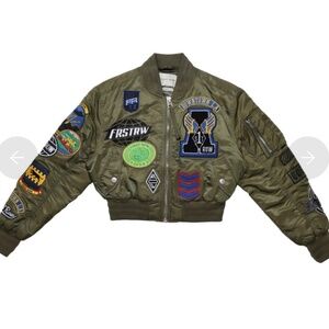 First Row Multi Patches Olive Cropped Bomber Jacket
